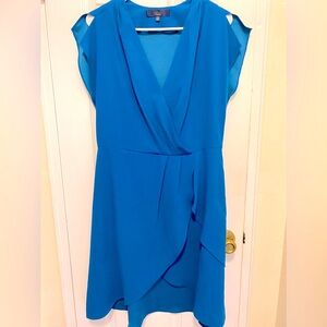 (Rachel Roy) VNECK FAUX WRAP DRESS High-Low w/split Cap sleeves Midi Sz 8 Blue